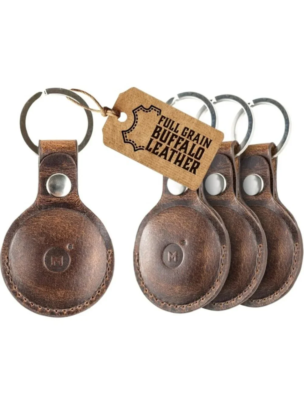 Genuine Leather AirTag Keychain Holder - Full-Grain Buffalo, Snap Closure, 4